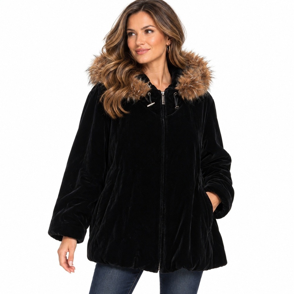 Vintage Lauren Ralph Lauren Silk Blend Velvet Jacket 1X Black Hooded Faux Fur